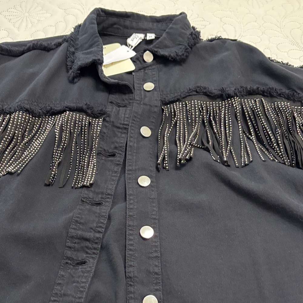 Elan Black Jean Jacket with Fringe